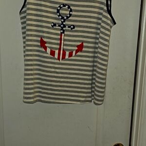 A nautical patriotic red white and blue tank top, stars and Grey stripes